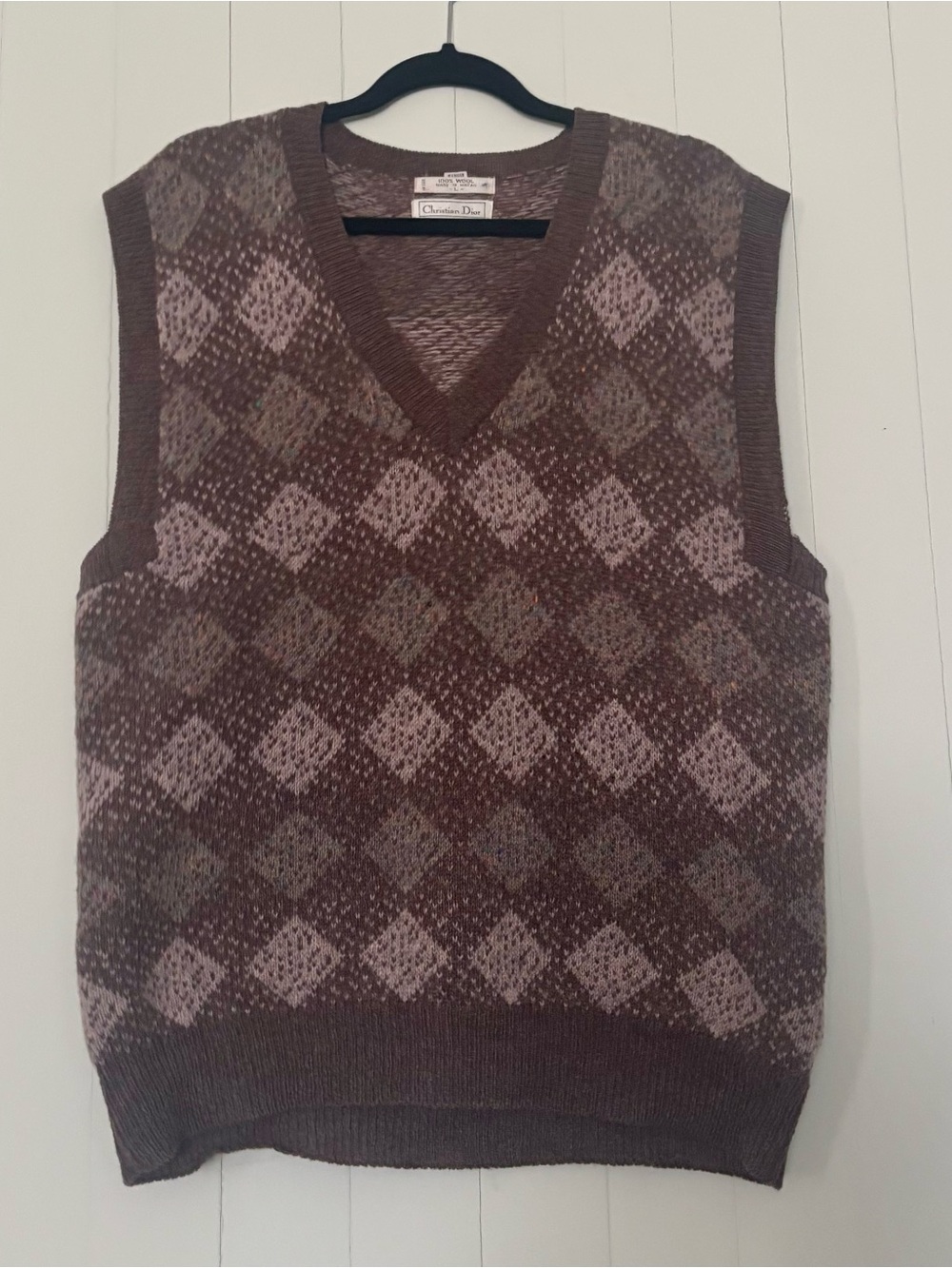 Christian Dior Sz L Men’s Brown Argyle V-Neck Wool Sweater Vest